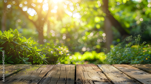 Wooden table and blurred green nature garden background