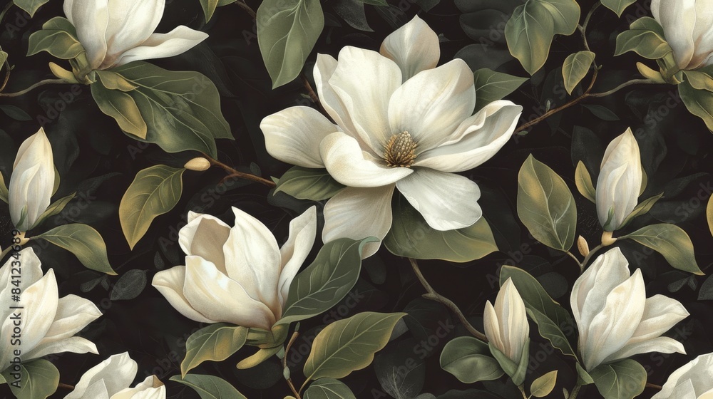 Beautiful White Magnolia Flowers on a Dark Background, Generative AI Beautiful White Magnolia Flowers on a Dark Background, Generative AI