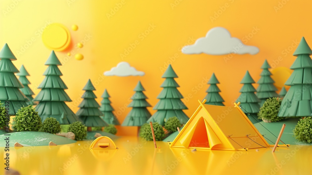 Colorful camping scene with a yellow tent in a vibrant forest landscape under a bright sun, showcasing outdoor and adventure activities. 3D Illustration. Colorful camping scene with a yellow tent in a vibrant forest landscape under a bright sun, showcasing outdoor and adventure activities. 3D Illustration.