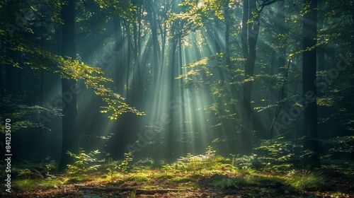 Sunlight Filtering Through Dense Forest Canopy with Lush Greenery and Mystical Atmosphere in Serene Woodland Setting