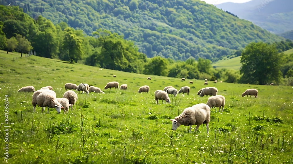a diverse herd of sheep, including white and brown individuals, graze in a lush green field under a clear blue sky, with a lone green tree in the background