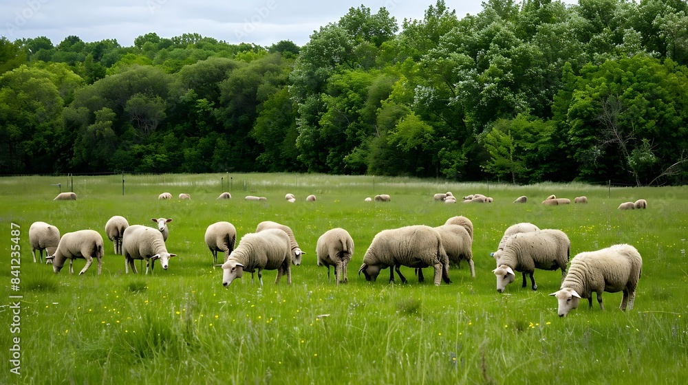 a pastoral scene with a herd of white sheep grazing in a lush green field under a cloudy blue sky, with a lone green tree in the background a pastoral scene with a herd of white sheep grazing in a lush green field under a cloudy blue sky, with a lone green tree in the background