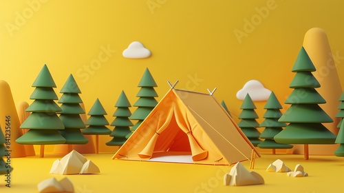 Creative 3D illustration of a camping scene with a yellow tent surrounded by trees  rocks  and clouds against a bright yellow backdrop. 3D Illustration.