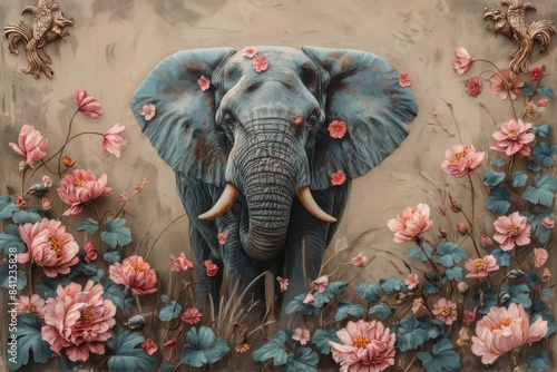 Wallpaper Mural Fine art elephant with flowers and beige Torontodigital.ca
