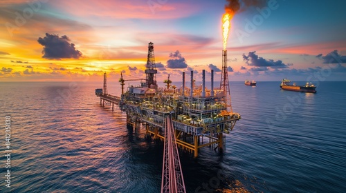 Aerial view of offshore drilling platform at sunset with a dramatic sky and ships in the background, capturing the energy industry's operations. photo