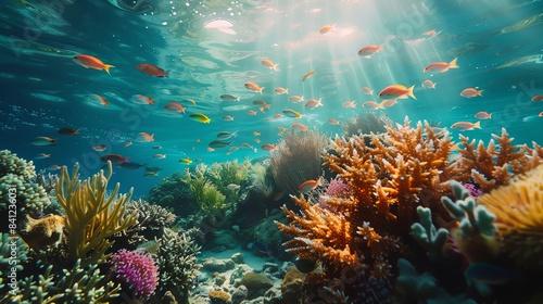 Documentary photography ,A serene underwater landscape featuring a vibrant coral reef bustling with colorful fish and a gentle current swaying the sea plants