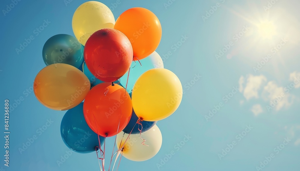 Bright and cheerful birthday balloons in various colors, floating against a clear blue sky Bright and cheerful birthday balloons in various colors, floating against a clear blue sky