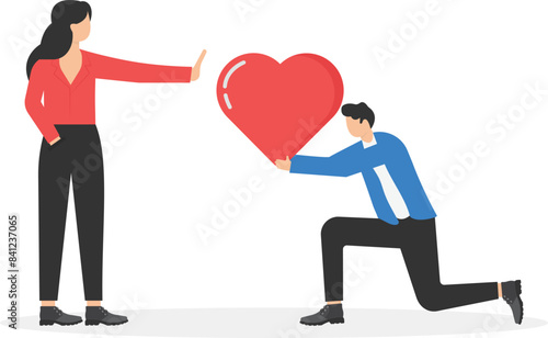 Young female character rejects feelings. Cartoon man gives the girl big heart. Unrequited, one-sided or rejected love. Aggressive woman says no to her fan.Banner in trendy style. Flat vector illustrat