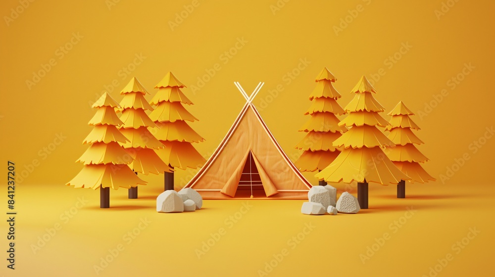 Minimalist camping scene with a yellow tent surrounded by orange trees and rocks, set against a bright yellow background. 3D Illustration. Minimalist camping scene with a yellow tent surrounded by orange trees and rocks, set against a bright yellow background. 3D Illustration.