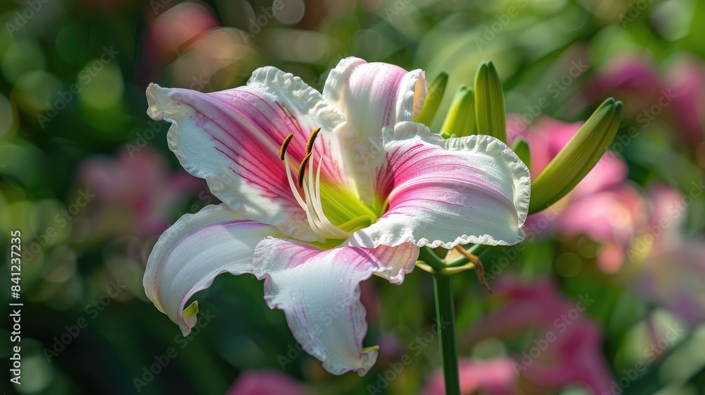 Fototapeta premium A pink and white daylily in the morning sunlight