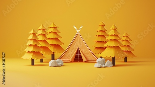 Minimalist camping scene with a yellow tent surrounded by orange trees and rocks, set against a bright yellow background. 3D Illustration.