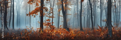 a foggy forest with tall trees and a lone tree standing amidst the mist photo