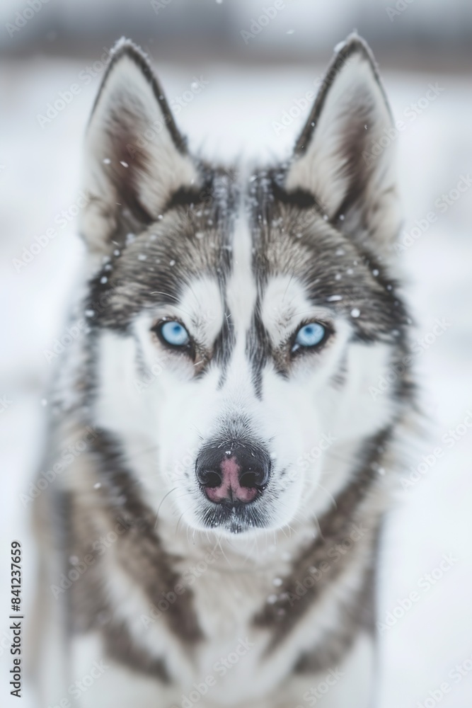 selective focus portrait of a beautiful siberian husky dog with a blue eyes standing in the snow selective focus portrait of a beautiful siberian husky dog with a blue eyes standing in the snow