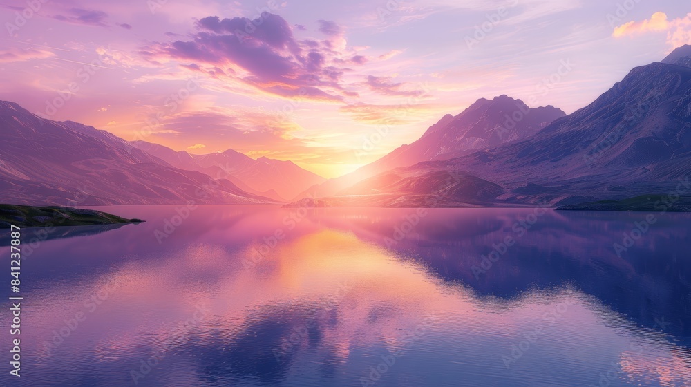 A stunning sunset over a tranquil lake, reflecting the hues of the sky, with a soft purple glow illuminating the surrounding mountains. A stunning sunset over a tranquil lake, reflecting the hues of the sky, with a soft purple glow illuminating the surrounding mountains.