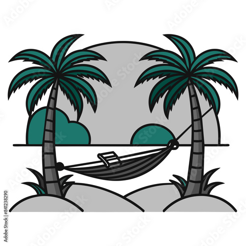 serene beach scene with a hammock between two palm trees, a setting sun, and gentle waves, in a minimalist art style