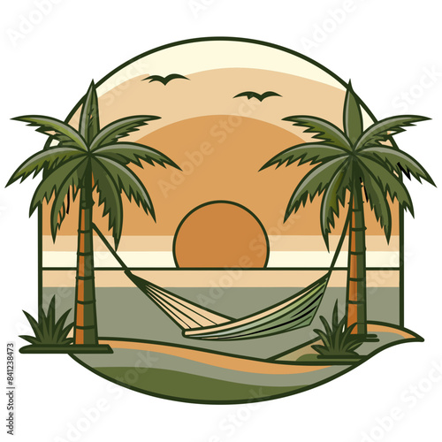 serene beach scene with a hammock between two palm trees, a setting sun, and gentle waves, in a minimalist art style