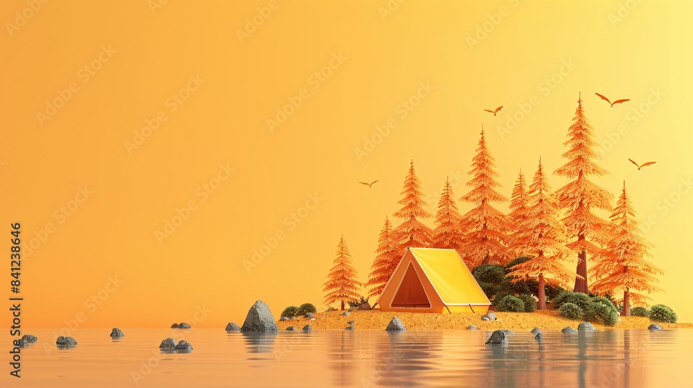 Surreal orange themed camping scene with tent, pine trees, and a calm lake. Digital artwork portraying an autumnal landscape with vibrant colors. 3D Illustration. Surreal orange themed camping scene with tent, pine trees, and a calm lake. Digital artwork portraying an autumnal landscape with vibrant colors. 3D Illustration.