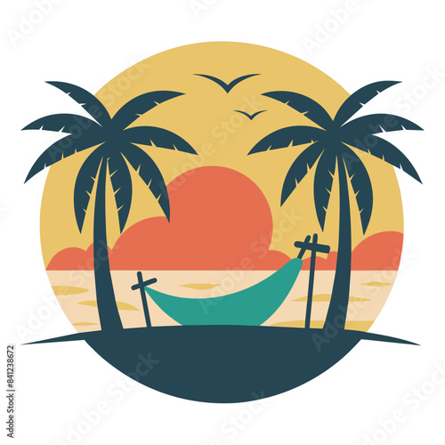 serene beach scene with a hammock between two palm trees, a setting sun, and gentle waves, in a minimalist art style