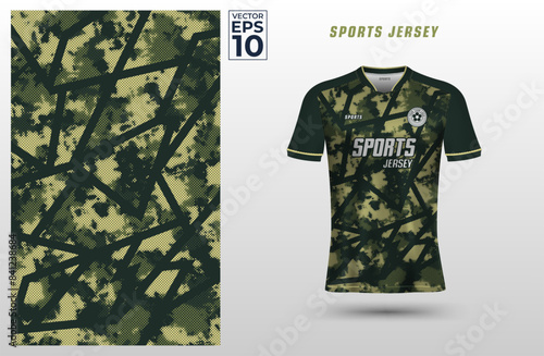 T shirt sport design template with abstract camouflage halftone pattern for soccer jersey. Tshirt mock up for sport club. Vector illustration