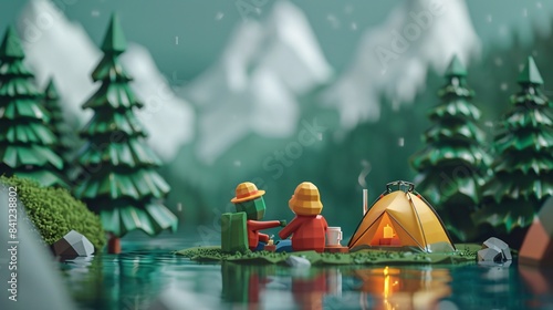 Two adventurers sitting by a tent near a lake, with mountains and pine trees in the background, made of toy blocks. 3D Illustration.