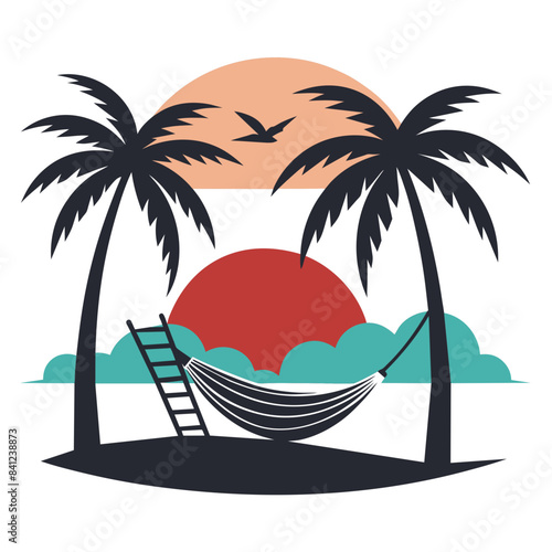 serene beach scene with a hammock between two palm trees, a setting sun, and gentle waves, in a minimalist art style