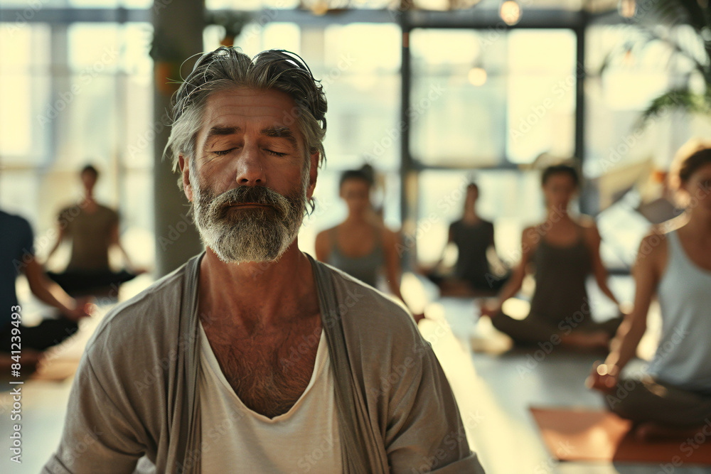 Fototapeta premium a man with a beard and a white shirt is meditating