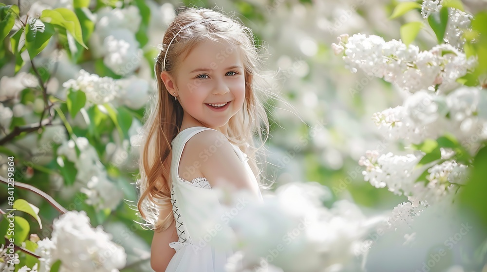 Cute happy little girl in a white dress is laughing in a spring park near the white lilac flowers A little girl in a lilac bush a girl near a flowering bush lilacs in spring bushes blo : Generative AI Cute happy little girl in a white dress is laughing in a spring park near the white lilac flowers A little girl in a lilac bush a girl near a flowering bush lilacs in spring bushes blo : Generative AI