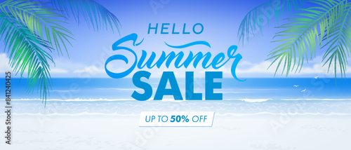 Vector beautiful realistic illustration of colorful sandy summer beach. Summer sale horizontal promotional travel wallpaper, flyer or web banner design template