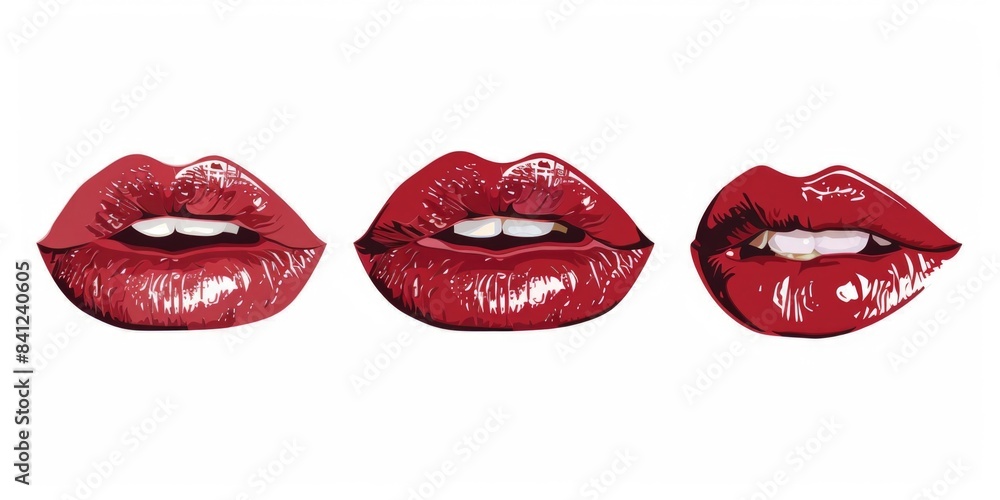 A close-up shot of bright red lips with white teeth on a white background, perfect for beauty and cosmetics uses A close-up shot of bright red lips with white teeth on a white background, perfect for beauty and cosmetics uses