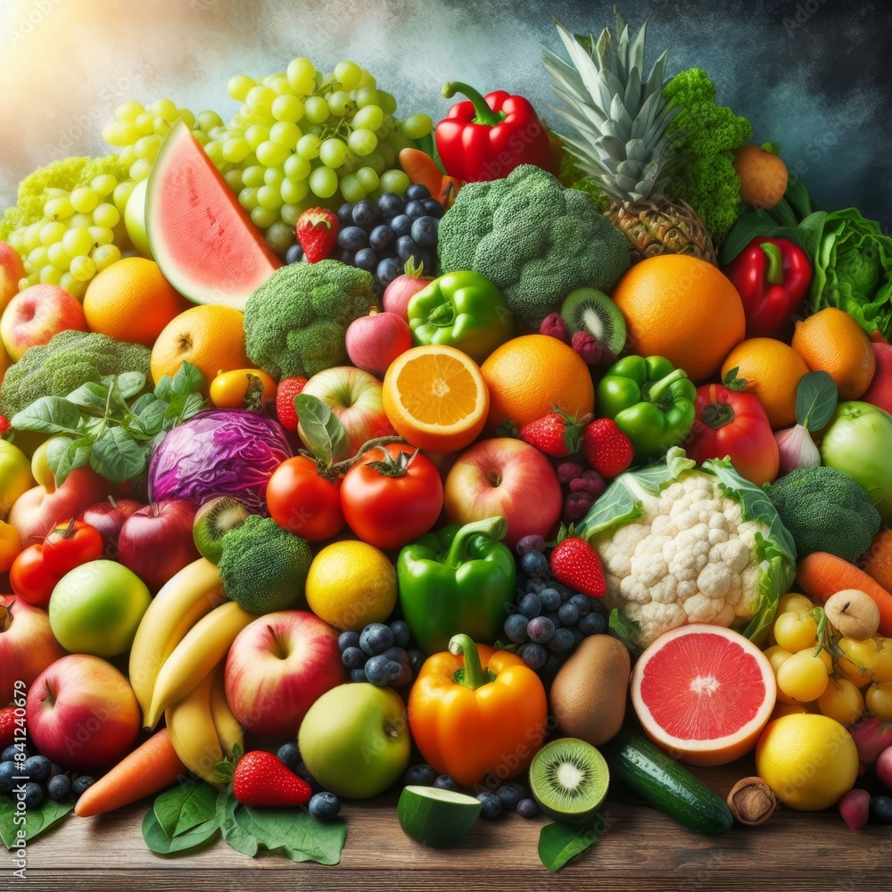 A diverse assortment of fresh fruits and vegetables basking in sunlight. The vibrant mix includes oranges, apples, broccoli, and watermelon, emphasizing the freshness and variety of healthy produce A diverse assortment of fresh fruits and vegetables basking in sunlight. The vibrant mix includes oranges, apples, broccoli, and watermelon, emphasizing the freshness and variety of healthy produce