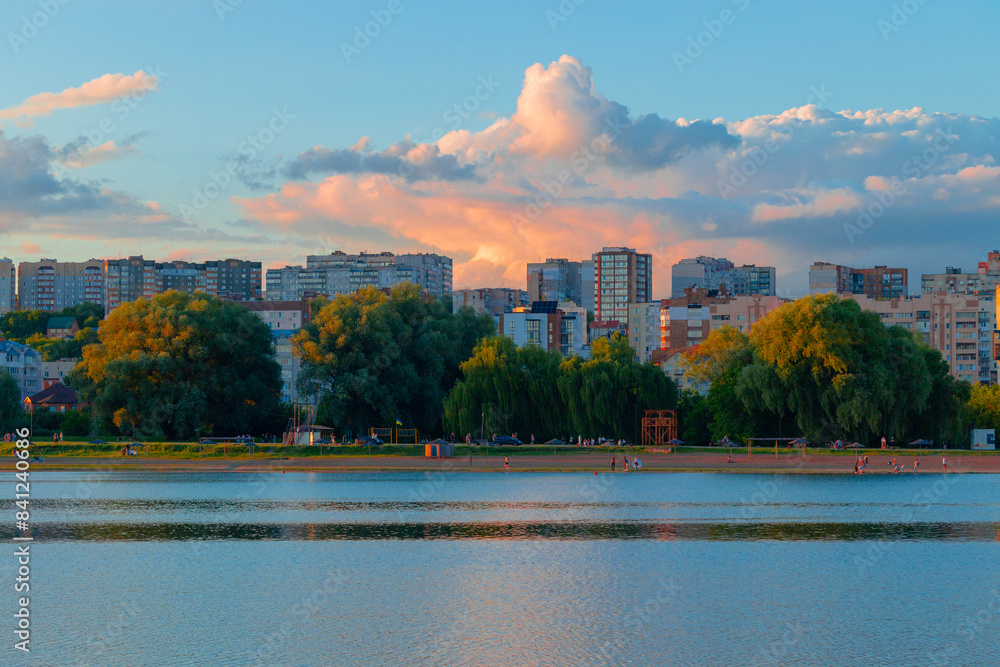 Obraz premium Eastern Europe past USSR city scape brutalism concrete buildings style panorama scenery view of living district and beach with river