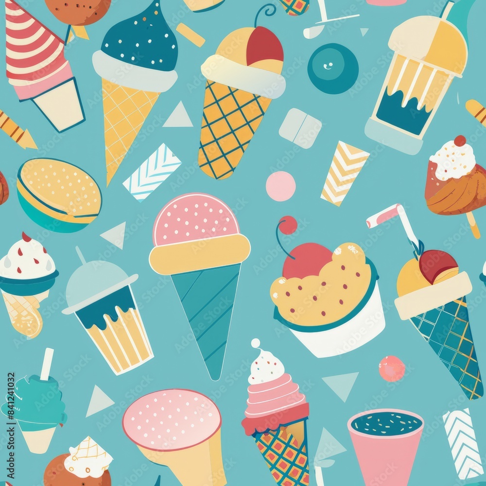 Seamless pattern of ice cream scoops in waffle cones, cups, and bowls, for a cool and refreshing summertime vibe, Generative AI Seamless pattern of ice cream scoops in waffle cones, cups, and bowls, for a cool and refreshing summertime vibe, Generative AI