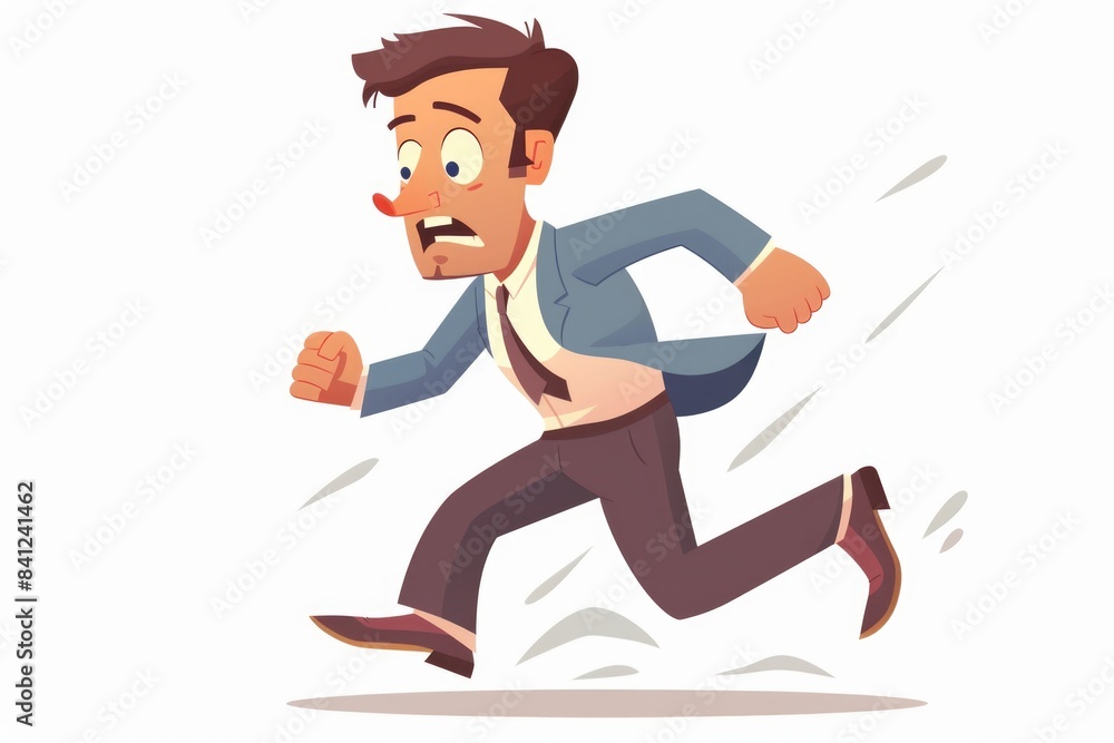 A businessman in a hurry is seen running outdoors with his mouth open, likely in response to an unexpected event A businessman in a hurry is seen running outdoors with his mouth open, likely in response to an unexpected event