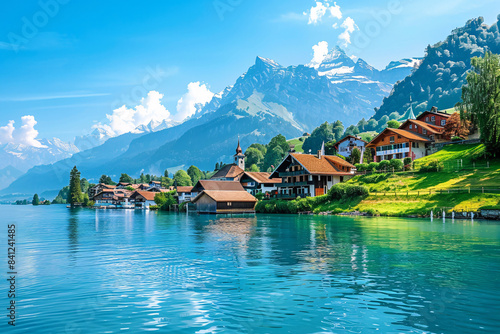 a lake with houses and mountains in the background photo
