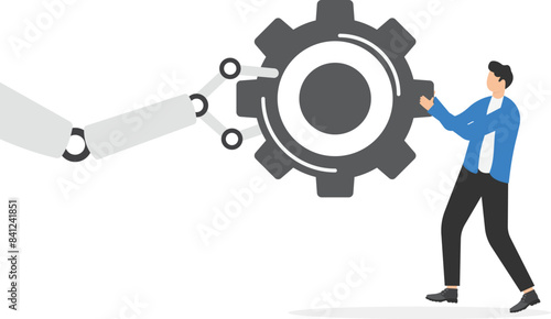 Working with AI. Human and machine collaboration, integrating artificial intelligence and neural networks into work flow. Businessman and robotic hand connecting cogwheel gear pieces to complete task
