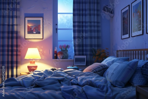 Close up of a cozy bedroom with a neatly made bed and a tidy nightstand, created by ai