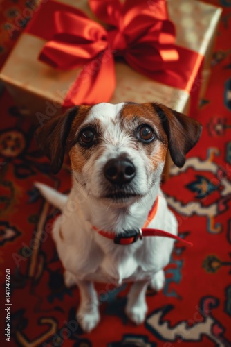 There is a dog sitting in front of a stack of holiday gifts