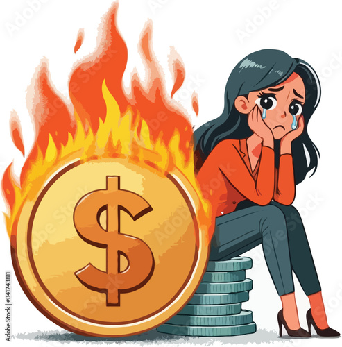 Fail businesswoman crying over fire burning money, vector illustration cartoon