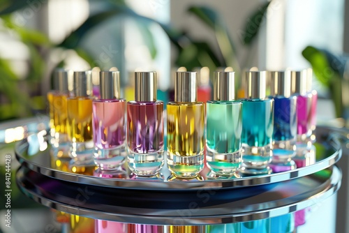 Close up of a set of luxury nail polish bottles with vibrant colors on a mirrored tray , created by ai © Полина Сова