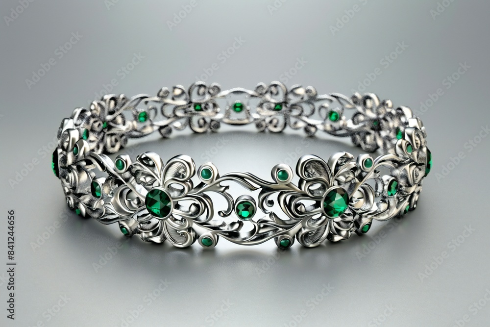 Close up of the silver bracelet with intricate filigree design and emeralds on a light gray background , created by ai Close up of the silver bracelet with intricate filigree design and emeralds on a light gray background , created by ai