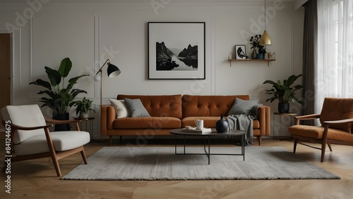 Modern Scandinavian interior design is typified by a sophisticated living area with a plush sofa, furnishings from the mid-century, a warm carpet, white walls, and houseplants. photo