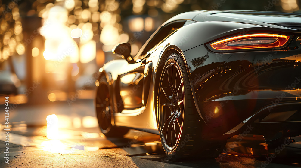 A sleek black sports car gleams in the warm glow of the setting sun. The car's sharp lines and powerful stance convey speed and luxury. A sleek black sports car gleams in the warm glow of the setting sun. The car's sharp lines and powerful stance convey speed and luxury.