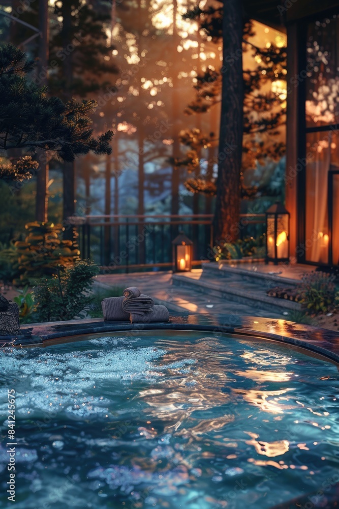 A wooden hot tub surrounded by trees and foliage