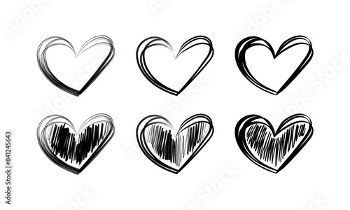 Hearts set icons untidy drawing. Pencil drawing. Linear and Silhouette. Vector icons.