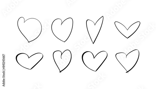 Hearts set icons untidy drawing. Pencil drawing. Linear style. Vector icons.