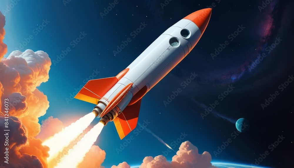 A sleek, orange-and-white rocket launches into the starry cosmos ...
