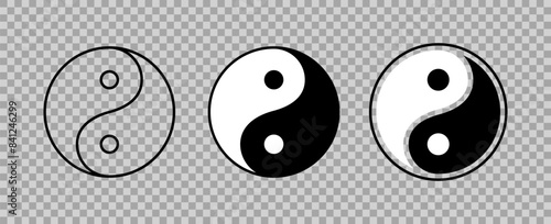 Yin Yang Set Icons. Black and white icon. Linear and flat styles. Vector icons.