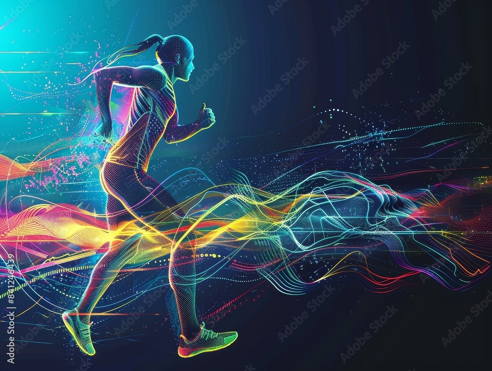 Dynamic Digital Art of a Runner in Motion with Vibrant Neon Lines and Abstract Background Representing Speed, Energy, and Modern Technology in Sports and Fitness Dynamic Digital Art of a Runner in Motion with Vibrant Neon Lines and Abstract Background Representing Speed, Energy, and Modern Technology in Sports and Fitness