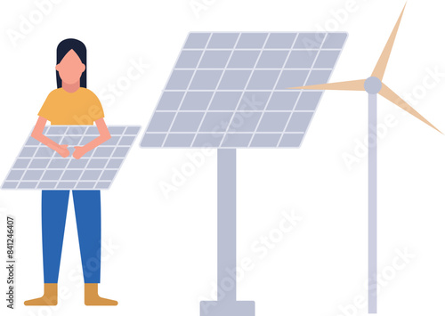 A girl is standing holding a solar panel plate.