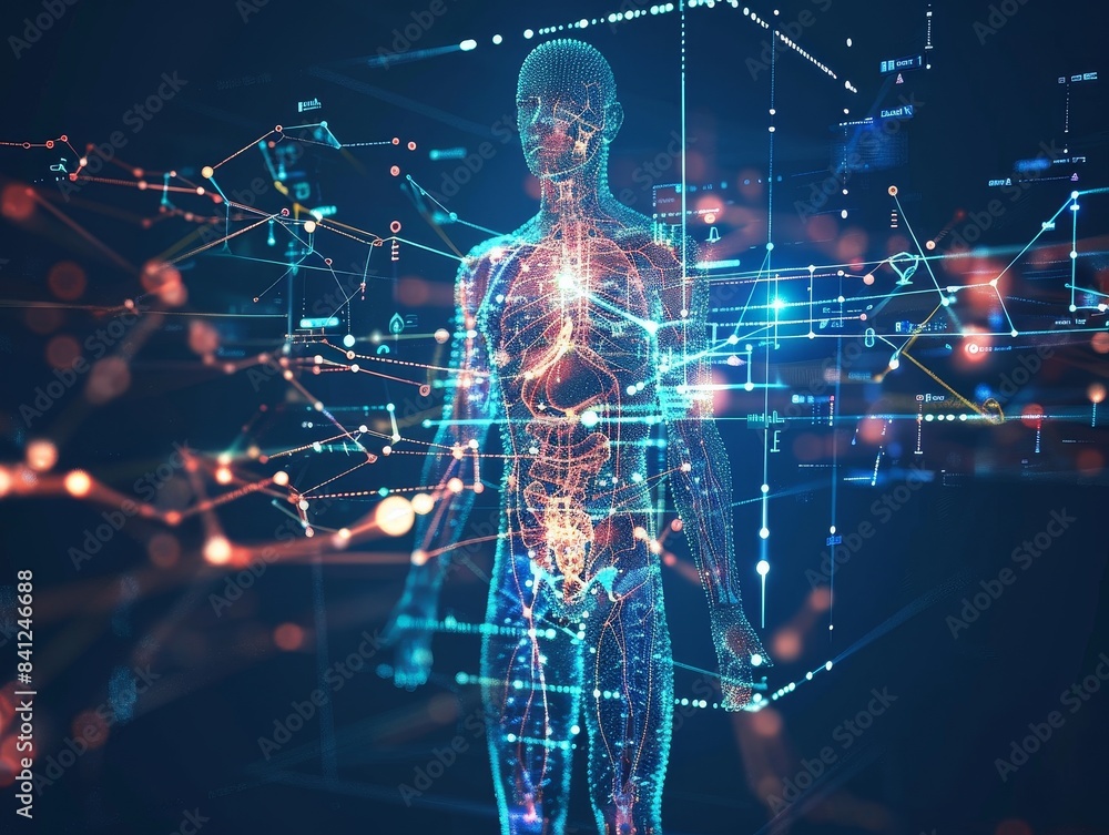 Futuristic Digital Human Body with Data Connections and Neural Networks, Concept of Artificial Intelligence, Technology, and Medical Science, Abstract Visualization of Human Anatomy in Cyberspace Futuristic Digital Human Body with Data Connections and Neural Networks, Concept of Artificial Intelligence, Technology, and Medical Science, Abstract Visualization of Human Anatomy in Cyberspace